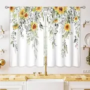 [oolygoo] Eucalyptus Botanical Leaves Sunflower Floral Kitchen Window Curtains Over Sink Farmhouse Flower Leaf Small Window Treatment Cafe Short Curtains for Bathroom Treatment Tier Drapes 26x24 inch
