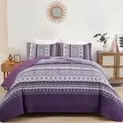 Boho Quilt Set Queen Size Bohemian Purple 3 Pieces Quilts Bedspread Set Stripe