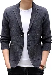 [SWJGLITTR] Men's Casual Knit Blazer Jackets 2 Button V Neck Knitted Male Cardigan Vintage Sport Down Wool Suit Jacket, Grey, Medium