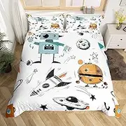 Kids Robot Duvet Cover Twin Size,Boys Cartoon Rocket Spaceship Bedding Set 2Pcs for Girls Teens Room Decor,Starry Galaxy Universe Planet Comforter Cover Fantasy Cartoon Quilt Cover,1 Pillowcase,White