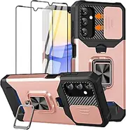[Jusy] Wallet Case for Samsung Galaxy A15 5G & 2 Screen Protectors, with Sliding Camera Cover, Card Holder Slot and Magnetic Kickstand Ring, Heavy Duty Case Military Grade Cover (Rose Gold)