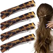 STSTR 4PCS French Barrette Hair Clips for Women, 2.56 Inch Small Tortoise Shell Hair Clip, Curved Glossy Thin Hair Flat Hair Accessories for Women (Leopard Color)