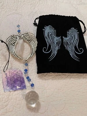 Crystal Angel Wing Prism Ball Rainbow Hanging Suncatcher Blue Silver Bag NEW