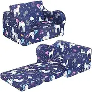 MOMCAYWEX Rainbow Unicorn Kids Sofa, 2-in-1 Kids Couch Fold Out, Convertible Sofa to Bed for Girls and Boys