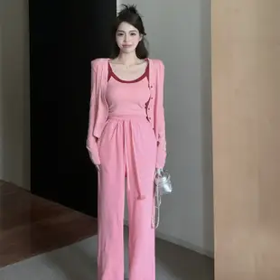 韓版休閒運動套裝女裝緊身長袖短版外套+吊帶背心+高腰寬褲三件式粉色