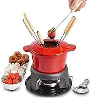 Cheese Fondue Sets,Chocolate Melting Pot with 6 Fondue Forks,Wooden Pallet,Fondue Burner,Non-Stick Coating,Chocolate Fondue,for Marshmallow Toasting, Crackers, Kids Party