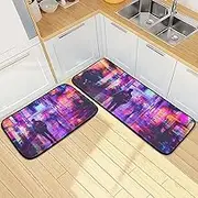 Kitchen Mats for Floor, 2 Piece, Cyberpunk Street City Funny Cute Washable Non-Slip Kitchen Rugs Set for Home & Office, Sink, Laundry, 19.7” x 27.6” + 19.7” + 47.2”
