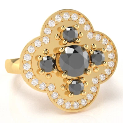 Shamrock Clover Flower Leaf Black Onyx Diamond Ring In 14k Gold
