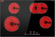VEVOR Electric Cooktop, 30 inch 4 Burners Built-in Electric Stove Top, 7200W Ceramic Top Radiant Cooktop with Glass Panel, Touch Control, Timer, Child Lock, 9 Heat Level, 220-240V, Hard Wire (No Plug)