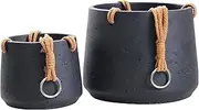 Copenhagen Matt Black Ceramic Hanging Plant Pot Set of 2 - Includes Hanging Rope - Ceramic Cement Hanging Planters for Indoor & Outdoors - Textured Effect - Large & Medium Plant Pots