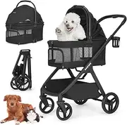 X5 Luxury Pet Stroller Dog Pram for Small Medium Dogs Cats Under 55lbs, Foldable Pet Pram Dog Pushchair Detachable Carrier with Pad, Mesh Liner and Cup Holder, Black
