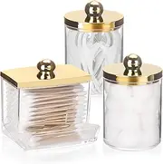 Tbestmax 10oz Cotton Ball Holder 7oz Qtips Dispenser, Bathroom Container Organizer for Storage Cotton Swabs, Pads - Apothecary Jar with Gold Lids