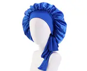 Sleep Cap Brimmed Hair Care Extra Large Satin Bonnet Nightcap with Premium Elastic Band for Home-Royal Blue