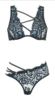 NWT Agent Provocateur HARLO Teal & Black Crystal Bra & Brief Panty Set 34C / 3 M