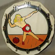VINTAGE 1984 Ramar IND Plastic Clock Face Bowling Ball Woman Bowler 6" x 5.75"