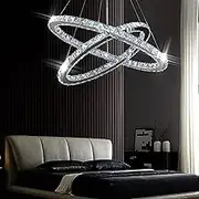 Modern Crystal Chandeliers Oval 2 Rings Pendant Lighting Adjustable Stainless Steel Ceiling Lights Fixtures for Dining Room Living Room Bedroom(Cool White)…
