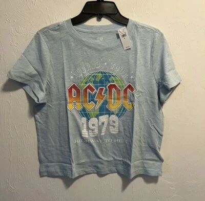 AC/DC GAP Crop Top Baby Blue T-Shirt Highway to Hell 1979 World Tour Size Large