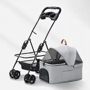 Pet Dog Pram Dog Stroller for Medium Dogs Easy One-Hand Fold Zipperless Entry, Premium Pet Strollers Pushchair Cat Dog Pram Stroller Buggy with Detachable Carrier Trolley(Light Gray)