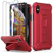 ORETECH Designed for iPhone Xs Max Case, with [2 x Tempered Glass Screen Protectors] [Heavy Duty Protection] [Kickstand & Phone Holder] Full Body Shockproof Protective Cover for iPhone Xs Max - Red