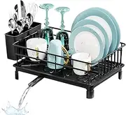 Dish Drying Rack, Dish Racks with Drain Board and 360° Rotating Nozzle for Kitchen Counter Sink Carbon Steel Rustproof, Strong Carbon Steel Dish Drainer for Kitchen Storage & Organisation (Black)