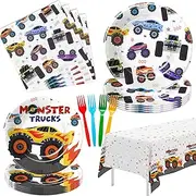 APOWBLS Monster Truck Birthday Party Supplies, Monster Theme Jam Party Decorations Tableware, Plate, Napkin, Tablecloth, Fork, Monster Truck Birthday Plate And Napkin Decorations Dinnerware | Serve 24