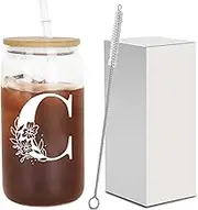 HIZEE Initial Glass Cup (C), Monogrammed Gifts for Women, 16 oz Clear glass cups w/lids and Straws, Iced Coffee Smoothie Beer Tumbler - Personalized Mothers Day,Birthday Gifts for Her Mom Friend