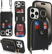 SunYoo for iPhone 15 Pro Max Case Crossbody Shoulder Wallet Leather Cover with Card Holders Rotatable Ring Kickstand Wristlet Long Strap Lanyard Phone Case Bag for iPhone 15 Pro Max Black