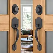 Front Door Handle Set Matte Black Double Door Handle Set with Dummy Heavy Duty Double Door Lock Set, with Single Cylinder Deadbolt and Lever Handle, Compatible with Right & Left Handed Doors