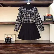 FLOATI Women Autumn Winter Skirt Suit Top and Skirt Two Piece Set Ladies Elegant Matching Black Plus Size Outfits (Color : Blue Plaid Suit, Size : XXXX-Large)