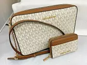 Michael Kors MK Signature Crossbody messenger bag Vanilla Card Case Set 2pc new