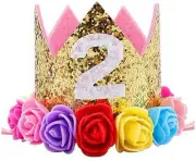 Baby Princess Glitter Gold Crown, 2st Birthday Party Hat Gold with Mix Rainbow C