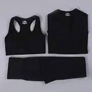 Yoga Set Women Seamless Yoga Set Fitness Clothing Sports Suits Gym Long Sleeve High Waist Running Leggings Workout Pants Shirts ​,Black 3pcs Set,S