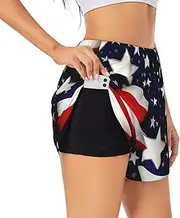 [WURTON] American Flag Stars Stripes Print Exercise Gym Workout Shorts Women's Athletic Shorts Dual-Layered Yoga Running Shorts