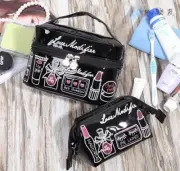 2 Pcs Black Embroidery Leather Make Up Cosmetic Travel Bag Toiletry Case Handbag