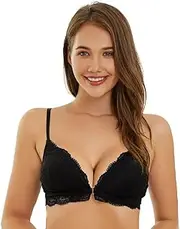 [SHEKINI] Women's Bra Without Underwire Front Closure Bra Lace Bustier Deep Neck Removable Padded Bra Comfortable Non-Wired Bralette Top Sexy Underwear Lingerie, Black, XS