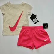 Nike Toddler Girls Swoosh Tee Shirt & Shorts Set Outfit Hyper Pink Sz 2T NEW