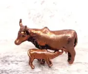 Copper Handmade Cow with Calf Idol Statue Rich Patina Antique Finish