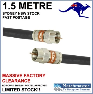 1.5m - Black RG6 Quad Shield Coax Cable Digital TV Antenna Foxtel NBN Optus
