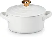 [Le Creuset] Stoneware Mini Round Cocotte, 8oz., White with Gold Heart Knob
