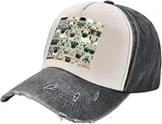 [YANYU] Cute Chihuahua Pug Pattern Print Fashion Washed Distressed Baseball Cap Vintage Adjustable Hat with Classic Brim, Black and White, One Size