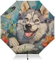 [PDZRMY] UV Protection Travel Umbrella Husky Colors Flower Compact for Rain and Sun - Auto Open and Close UPF 50+ Windproof Portable 46” Sun Umbrella for Women and Men