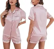 [Generic] Women’s Pajama Set Short Sleeve Sleepwear Satin Nightwear Loungewear Sets with Pocket