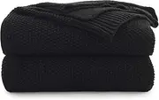 Black Cotton Cable Knit Throw Blanket for Couch Sofa Chair Bed Home Decorative, 3.4 Pounds 60 x 80 Inch Woven Throw Blankets with Bonus Laundering Bag