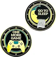 One More Game vs. Go to Sleep Flip Coin – Gamer Decision Coin – Video Game Challenge Coin – Gold & Black Enamel – Brass Collector’s Token – Gaming Gift for Him, Birthday, Christmas, Stocking Stuffer