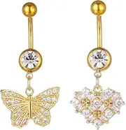 [Niaspi] 2Pcs 14G CZ Butterfly Heart Dangle Belly Button Rings for Women 18K Gold Plated Stainless Steel Belly Rings Navel Curved Barbell Body Piercing Jewelry, 20g, Stainless Steel, no gemstone