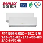 三洋冷氣 R32變頻分離式 一對二冷暖 SAE-V36HR3+SAE-V36HR3/SAC-BV52HR