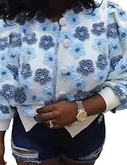 [Flygo] Women's Cropped Floral Print Bomber Jacket Warm Fleece Varsity Jacket Casual Button Down Puff Sleeve Coat Outerwear