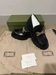 Gucci Horsebit Platform Lug Sole Black Leather Women Logo Loafers EU 41.5 US11.5