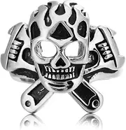 [Generic] Flame Skull Inspired Ring Crossed Wrenches Design Titanium Steel Gothic and Industrial Fashion Enthusiasts