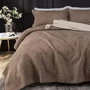 Qucover Quilted Bedspreads Soft and Comfortable Cotton Bedspread Super King Size with Elegant Embroidered Palm Leaf Pattern, 3 Pieces Bedspreads Coverlets Sets with Pillowcases, Coffee Brown 250x270cm
